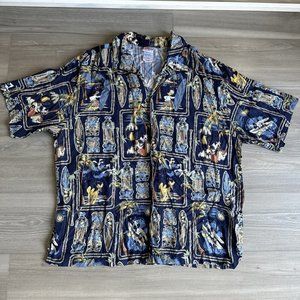 Disney‎ Store Mens Tiki Mickey Donald Surfing Blue Hawaiian Shirt Size XL Aloha
